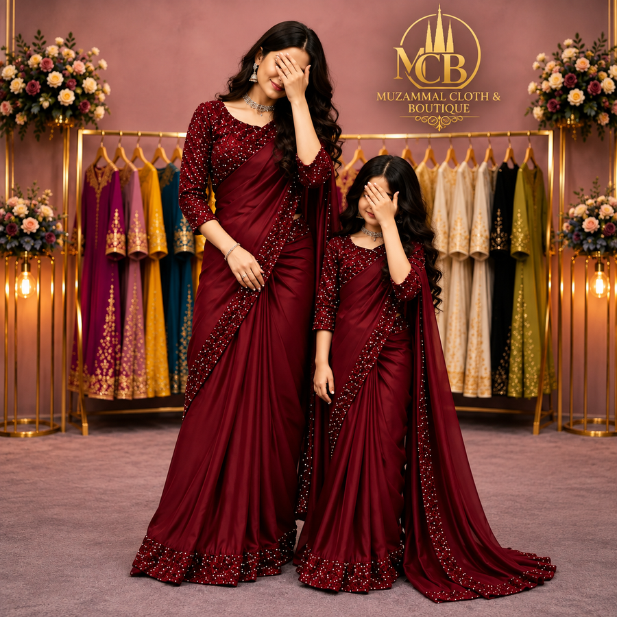 Women & Kids Deep Maroon Shamoz & Moonlight Saree – Mother & Daughter Matching Product