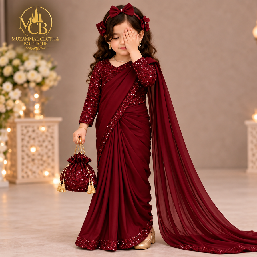 Kids Maroon Shamoz & Moonlight Saree