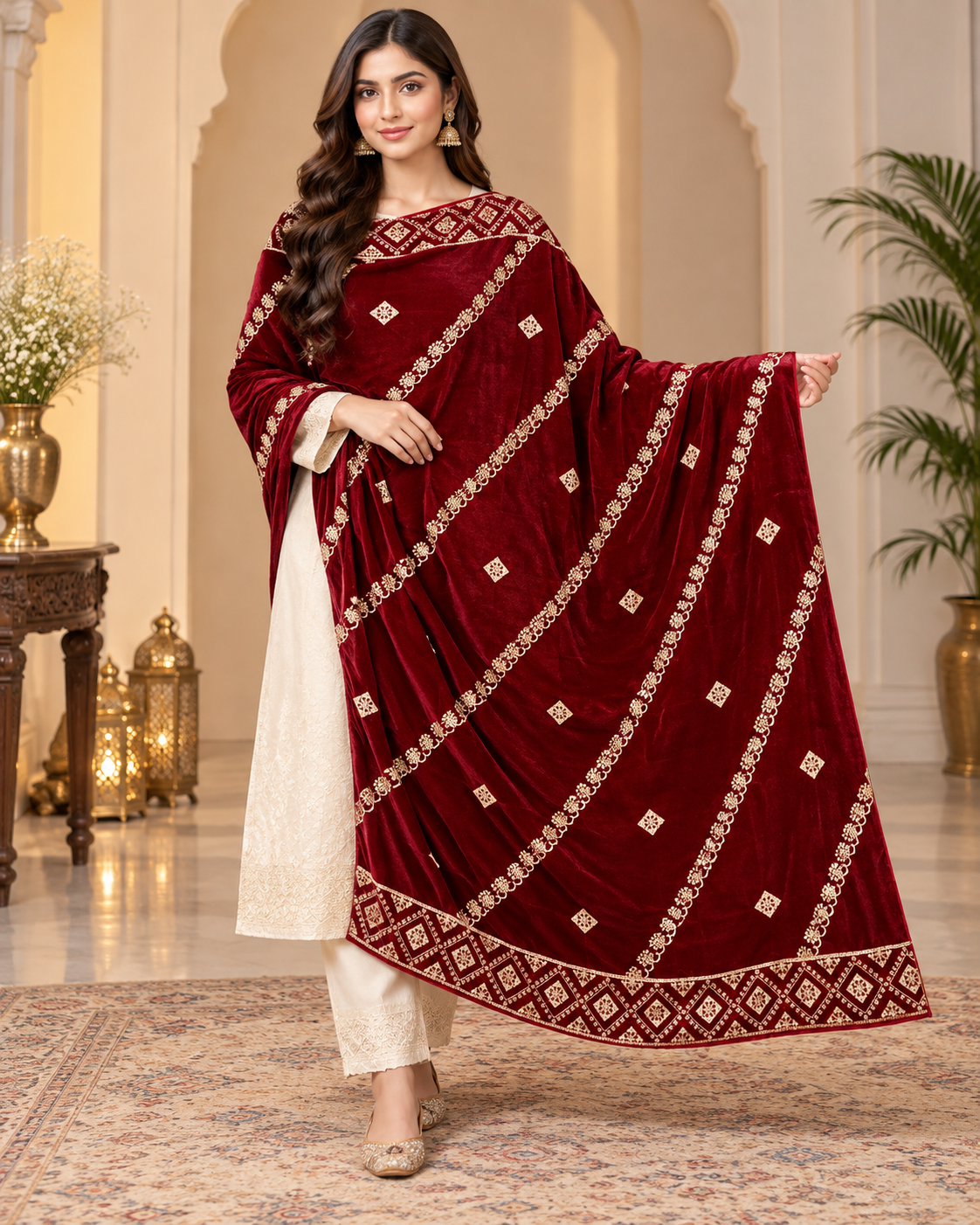 Royal Maroon Velvet Embroidered Shawl