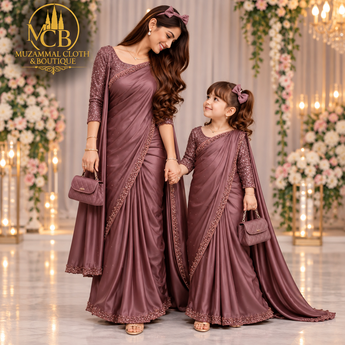 Women & Kids Mauve Shamoz & Moonlight Saree – Mother & Daughter Matching Product