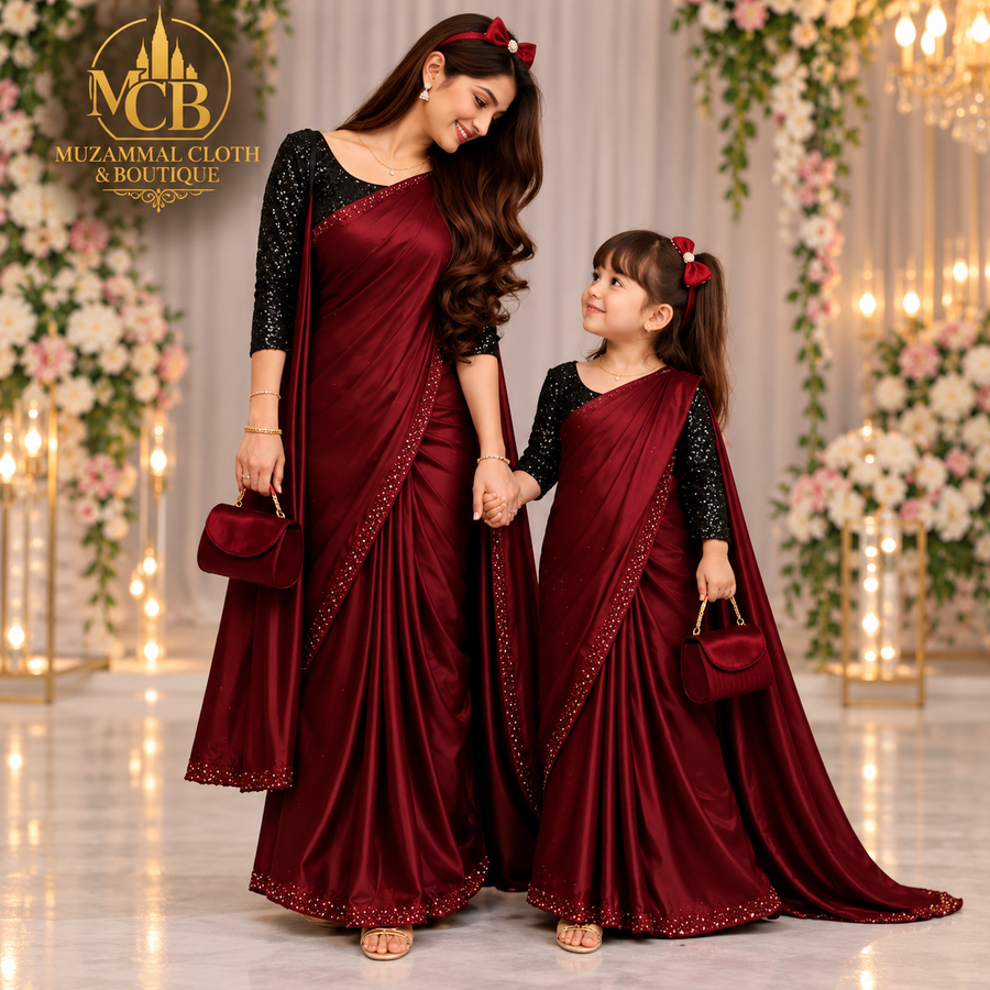 Women & Kids Maroon Shamoz & Moonlight Saree – Mother & Daughter Matching Product