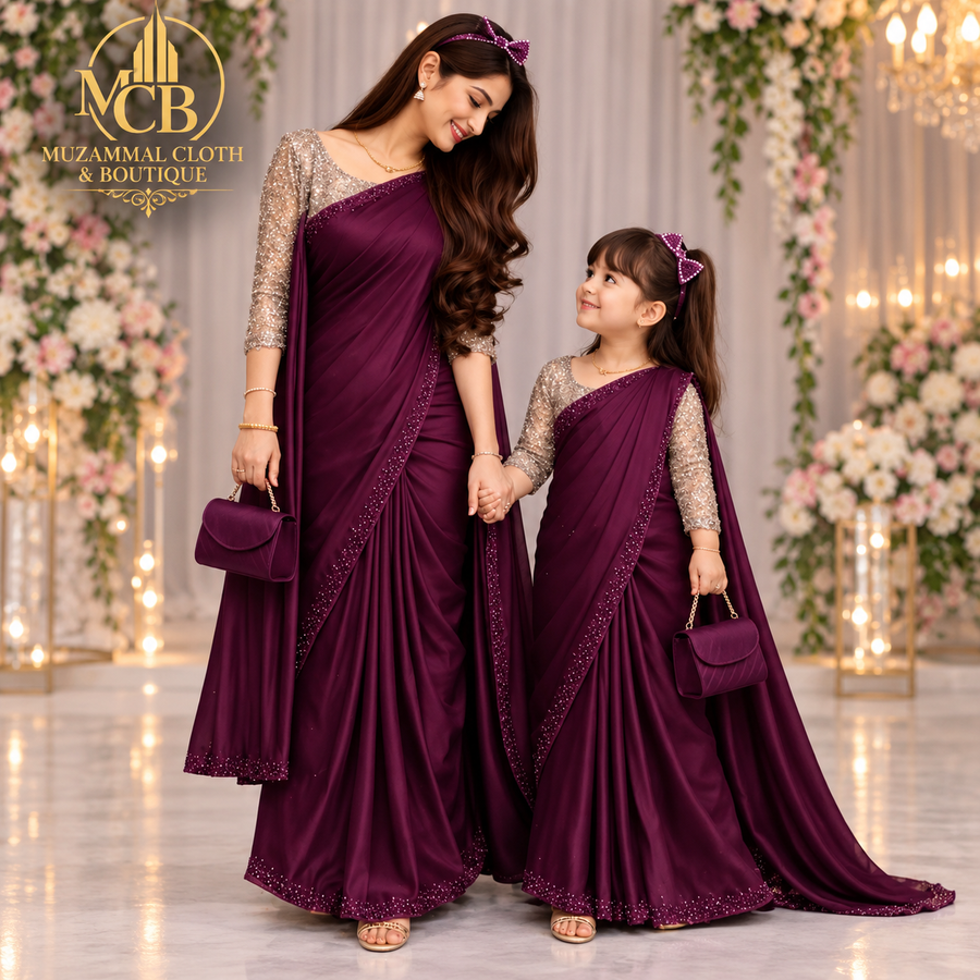 Women & Kids Plum Shamoz & Moonlight Saree – Mother & Daughter Matching Product