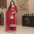 Ruby Red Embroidered 3-Piece Suit with Organza Dupatta