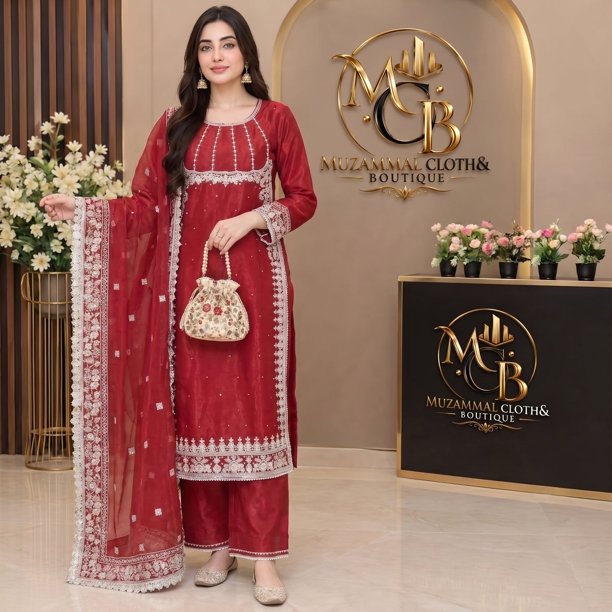 Ruby Red Embroidered 3-Piece Suit with Organza Dupatta