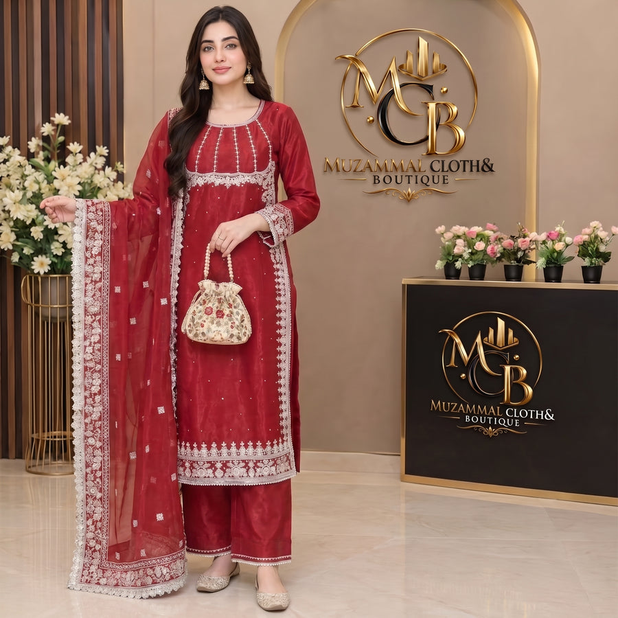 Ruby Red Embroidered 3-Piece Suit with Organza Dupatta