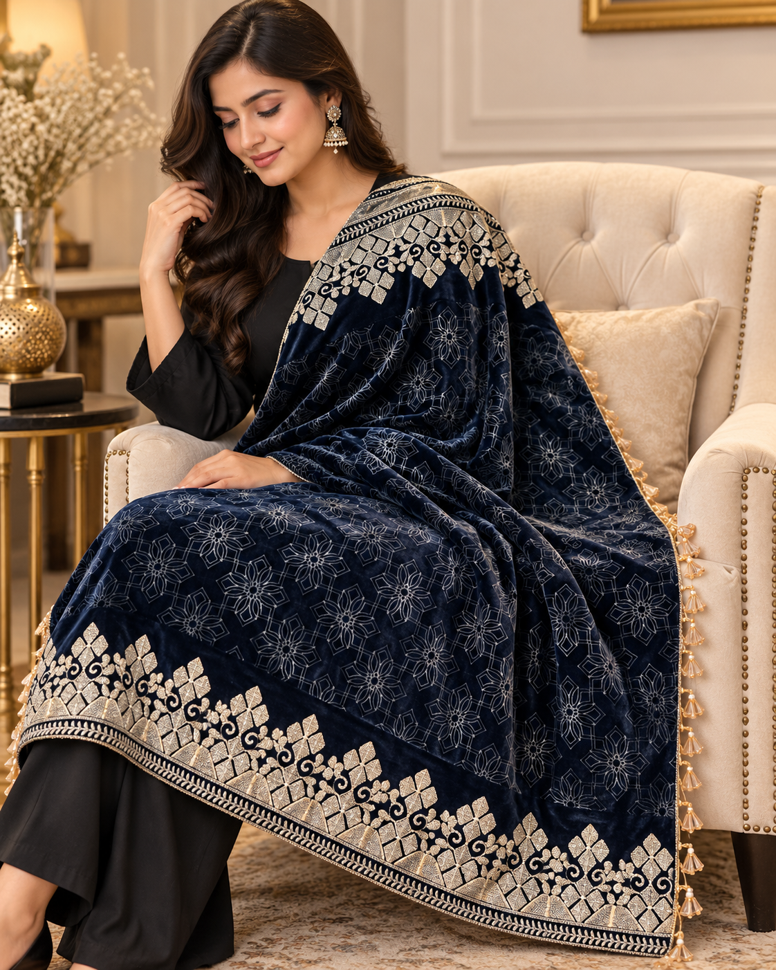 Royal Navy Blue Velvet Embroidered Shawl