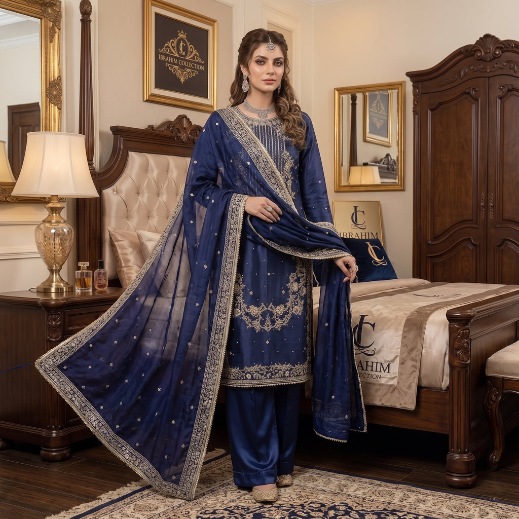 Midnight Navy Luxury Embroidered 3-Piece Suit