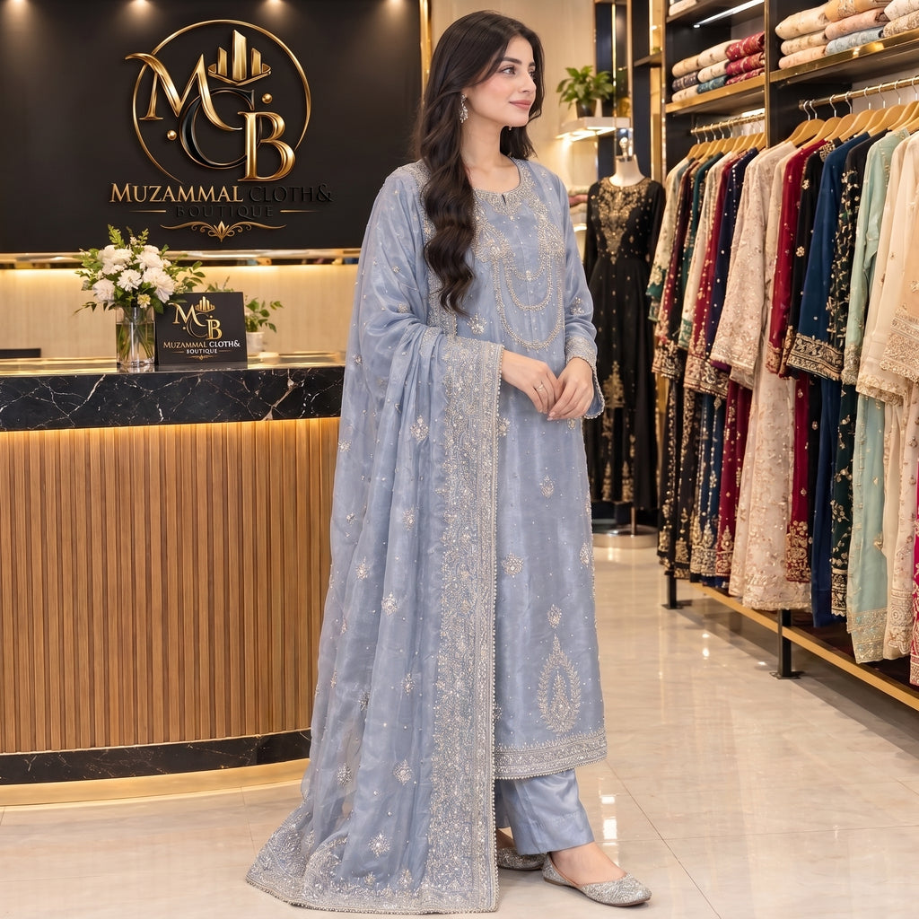 Ice Blue Luxury Embroidered 3-Piece Suit