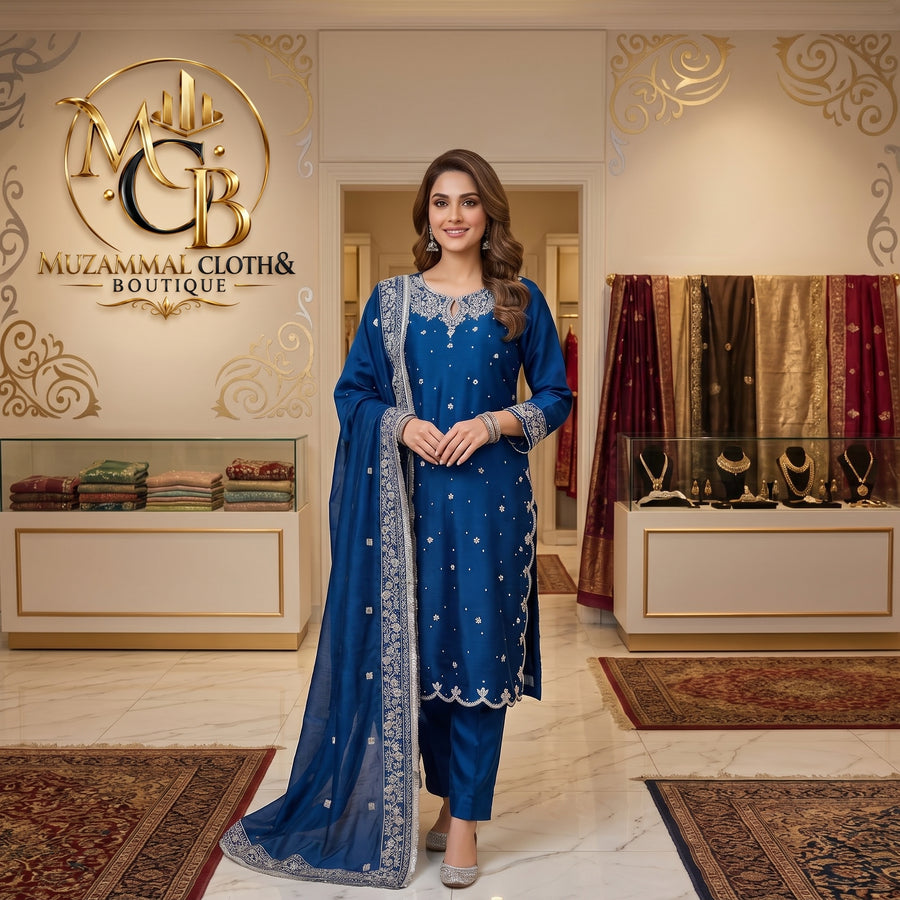 Royal Sapphire Blue Embroidered 3-Piece Suit