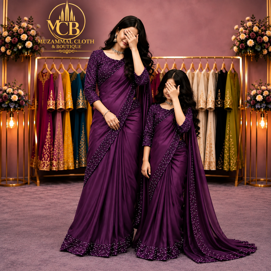 Women & Kids Royal Purple Shamoz & Moonlight Saree – Mother & Daughter Matching Product
