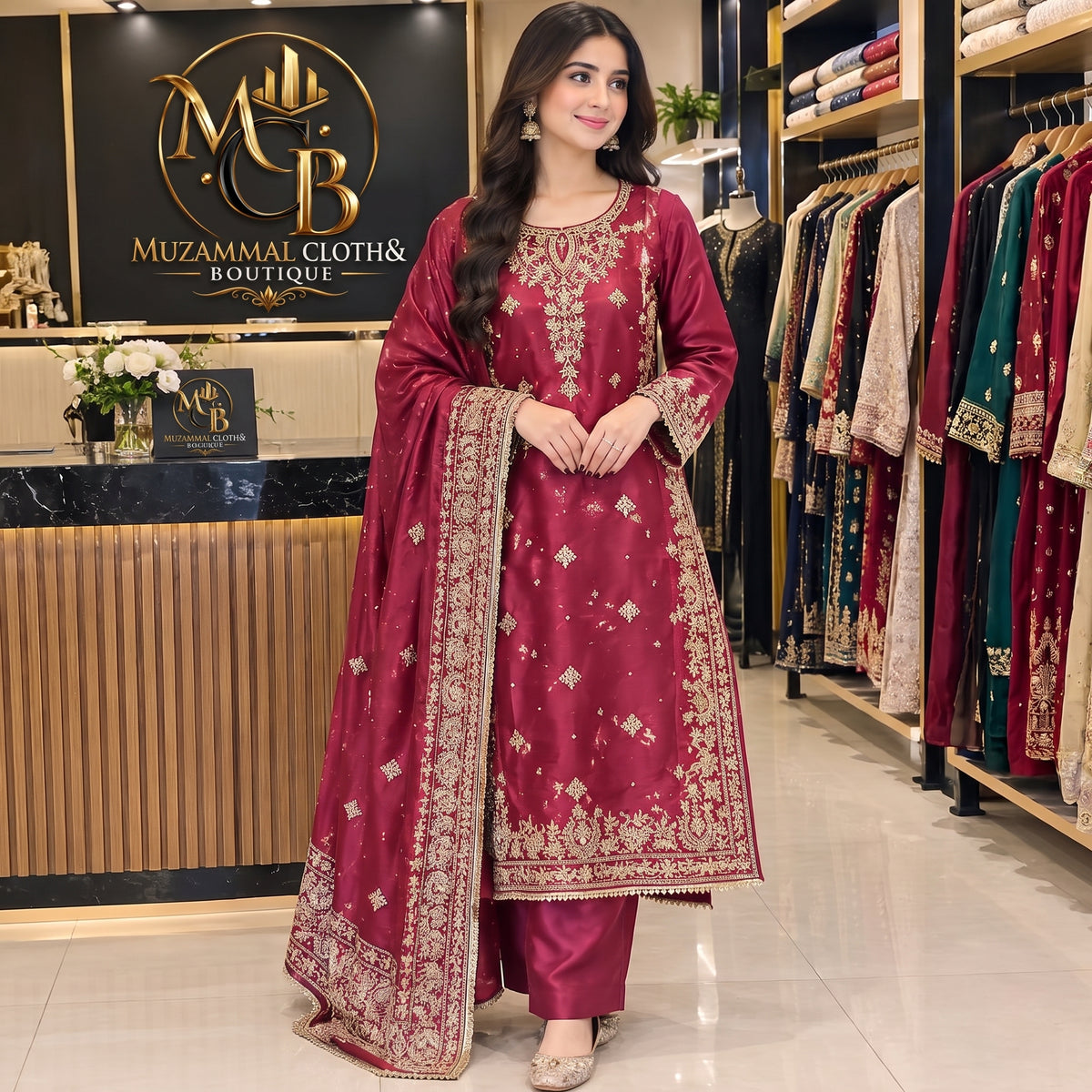 Royal Maroon Embroidered 3-Piece Suit – Luxury Festive Collection