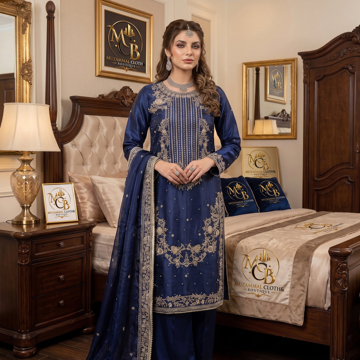 Midnight Navy Luxury Embroidered 3-Piece Suit