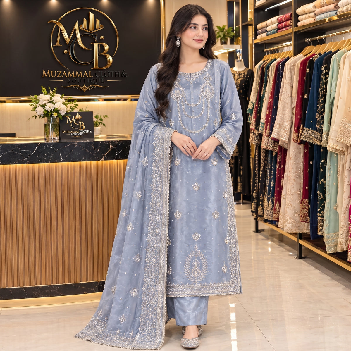 Ice Blue Luxury Embroidered 3-Piece Suit