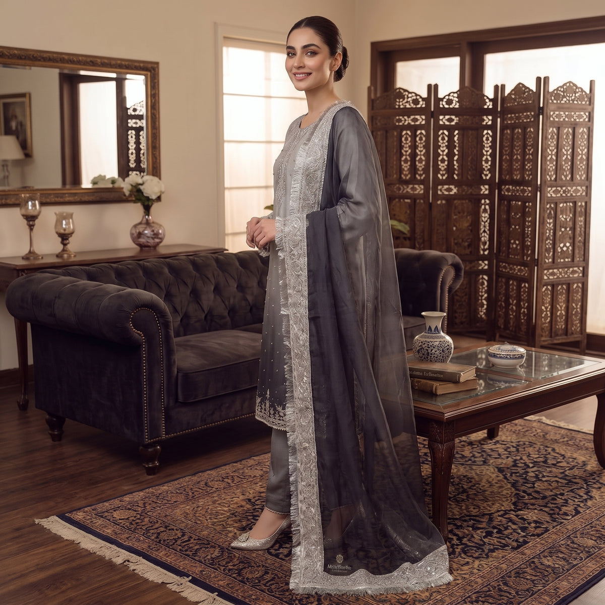 Silver Grey Luxury Embroidered 3-Piece Suit
