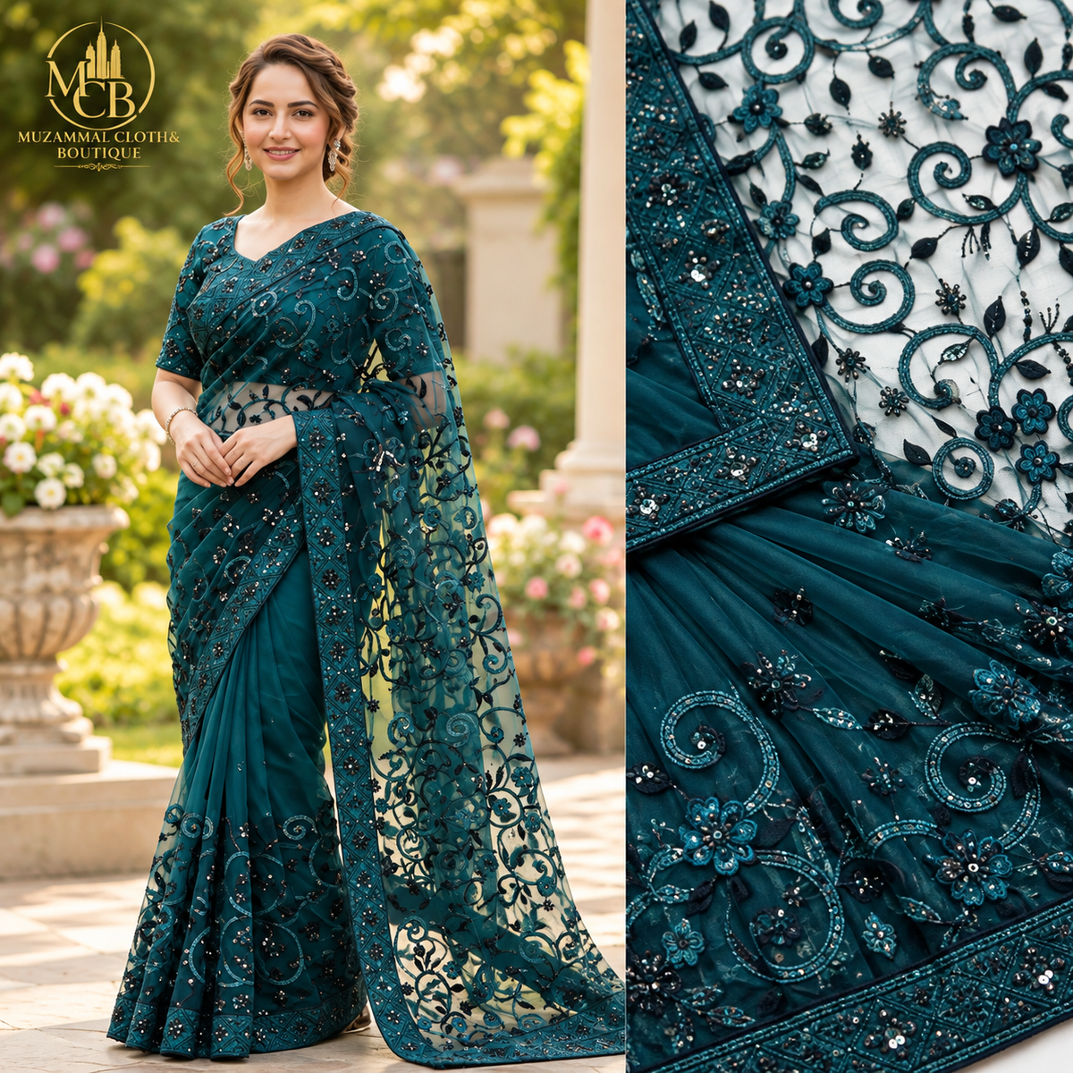 Royal Teal Blue Embroidered Sequin Saree – Luxury Party Wear