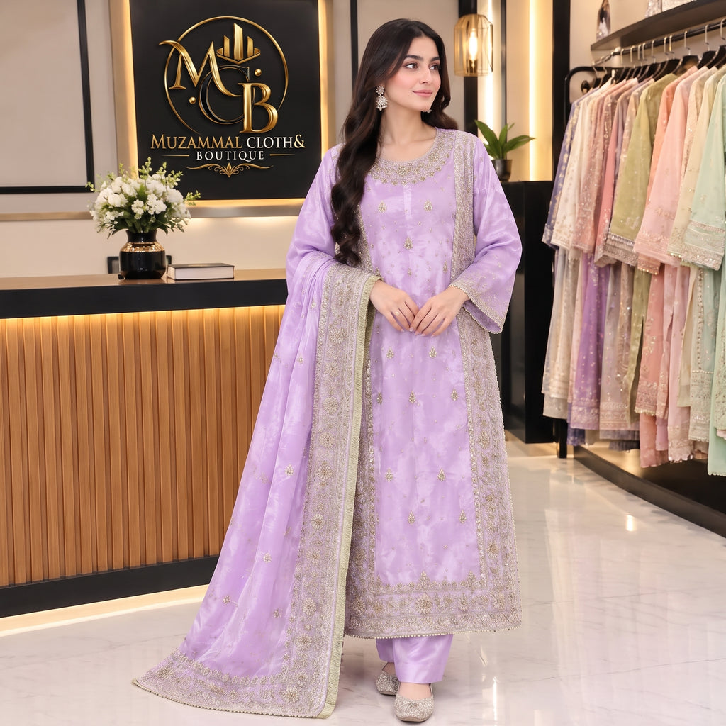 Lavender Pearl Embroidered 3-Piece Suit