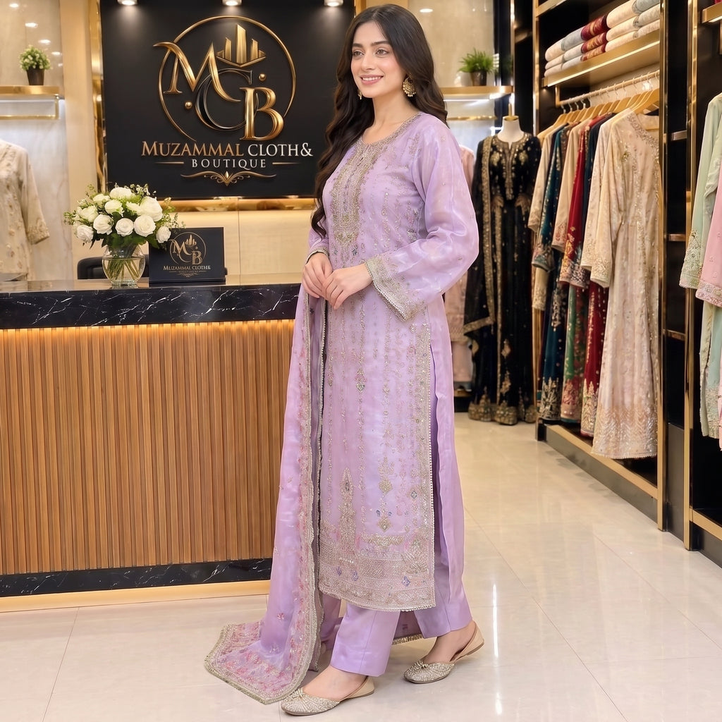 Lavender Lilac Luxury Embroidered 3-Piece Suit