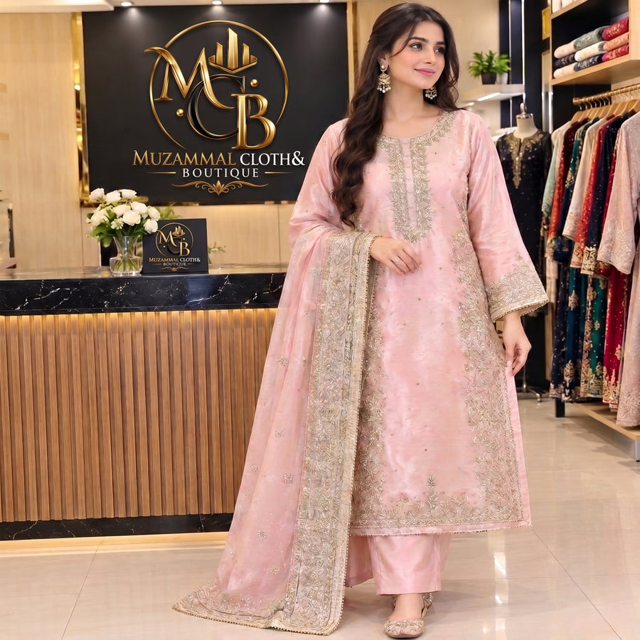 Blush Pink Luxury Embroidered 3-Piece Suit