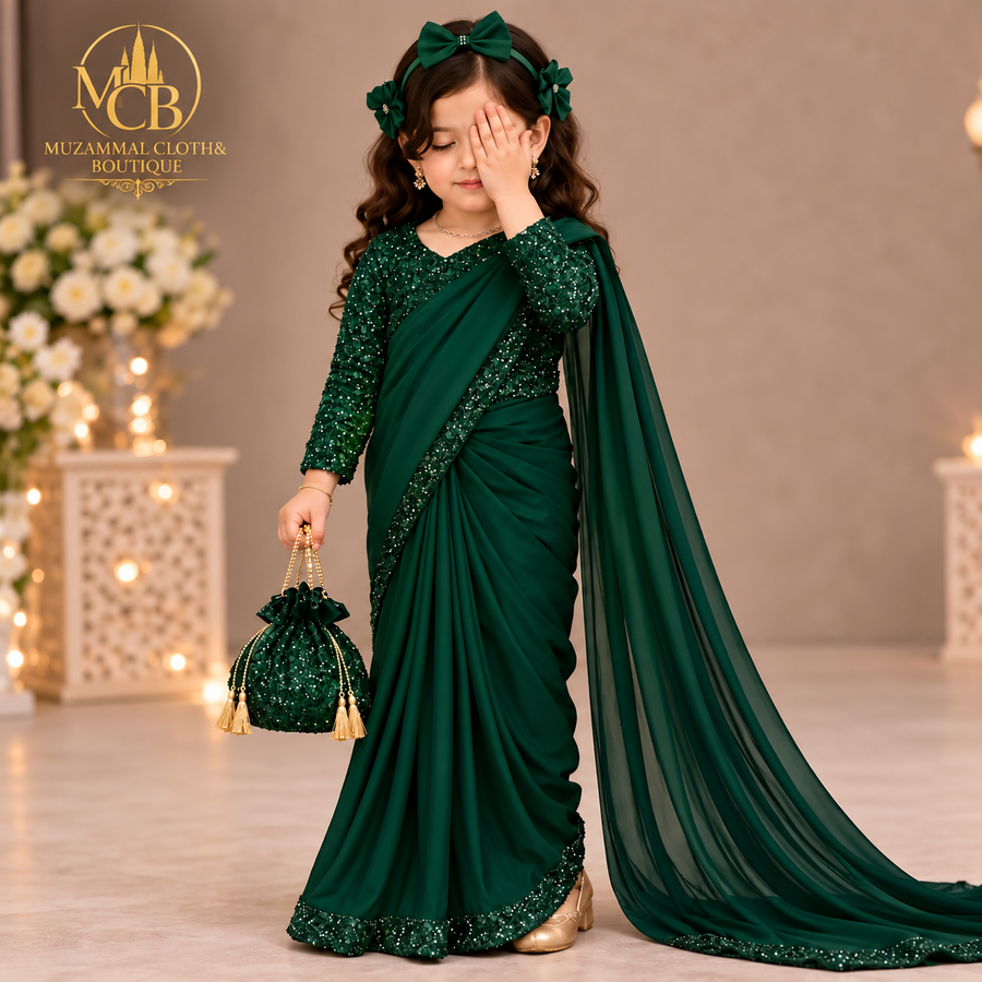 Kids Emerald Green Shamoz & Moonlight Saree