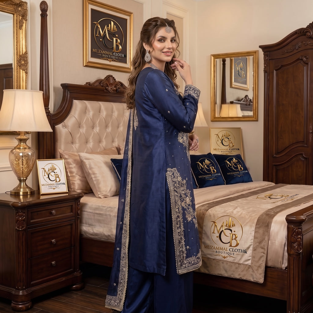 Midnight Navy Luxury Embroidered 3-Piece Suit