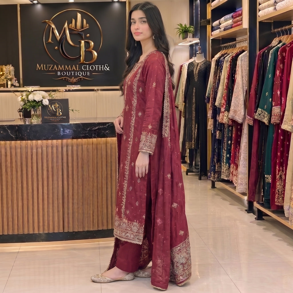Royal Maroon Embroidered 3-Piece Suit – Luxury Festive Collection