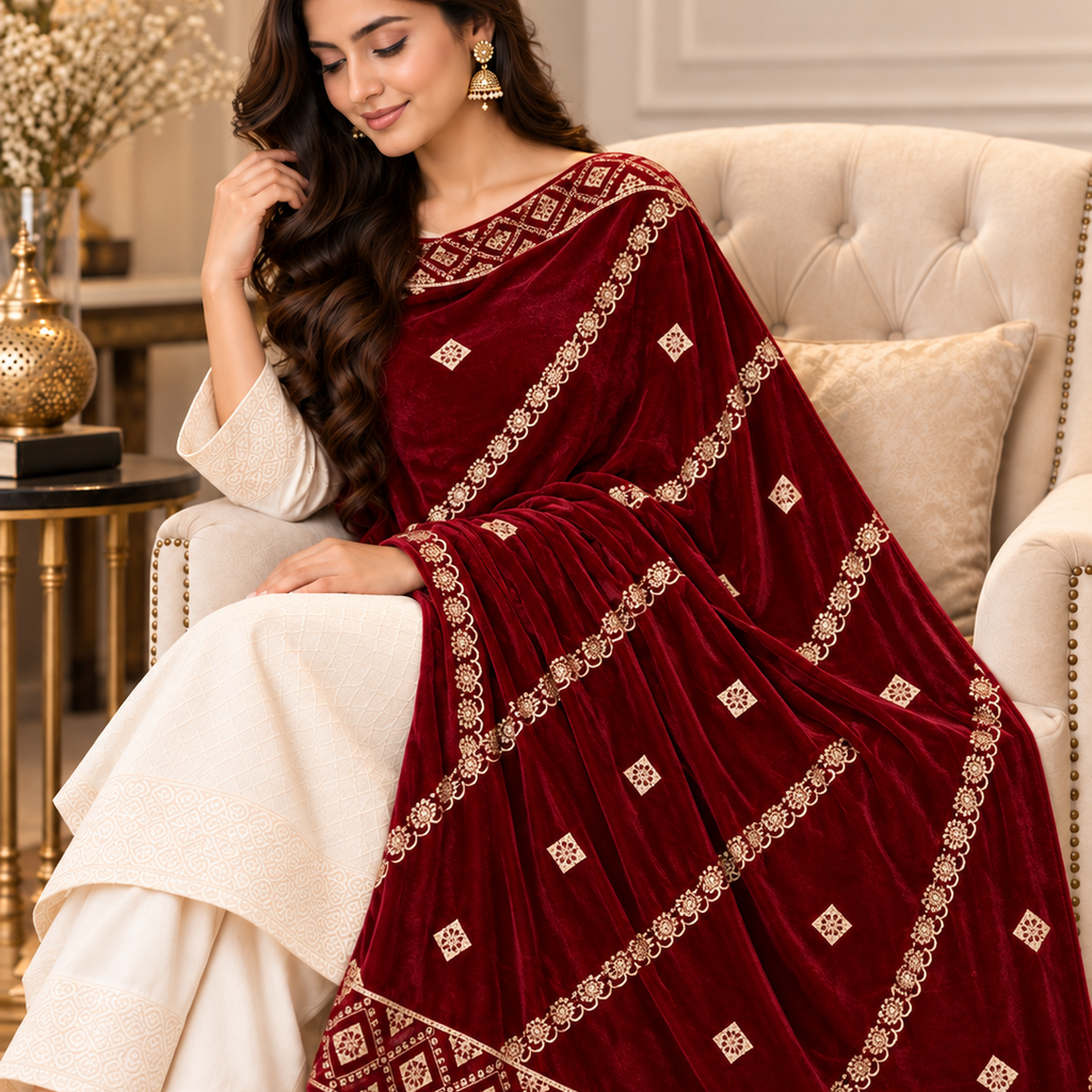 Royal Maroon Velvet Embroidered Shawl